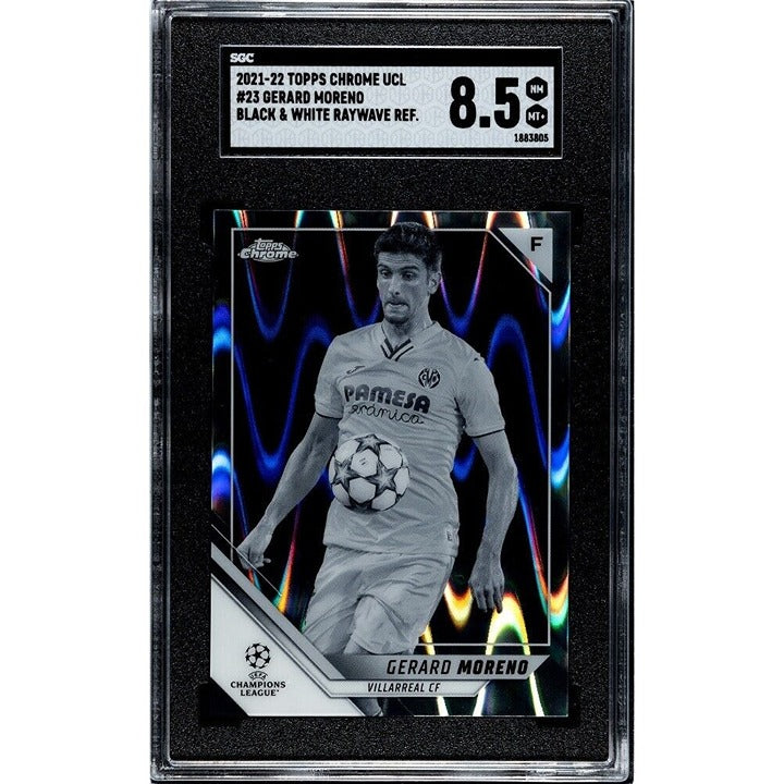 Gerard Moreno 2021-22 Topps Chrome Black & White RayWave UEFA Champions League trading card graded 8.5