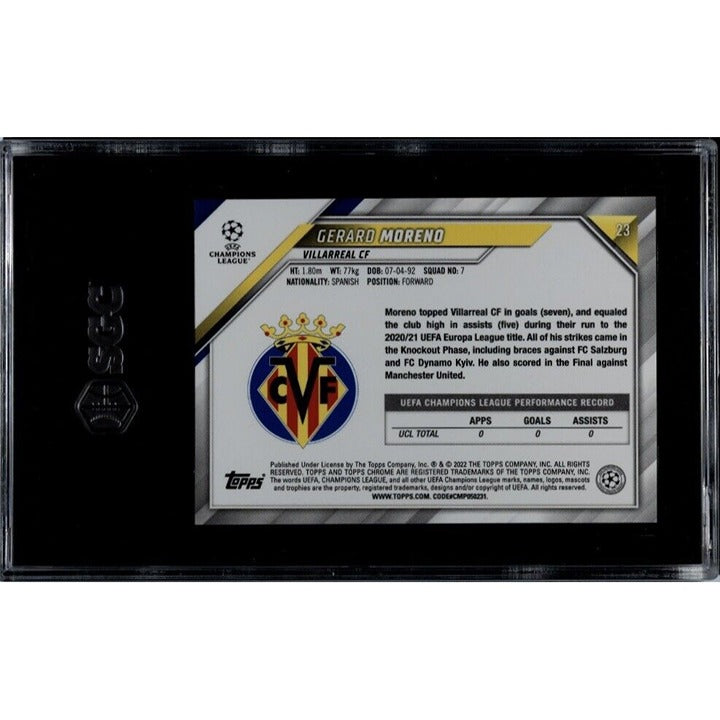 Gerard Moreno 2021-22 Topps Chrome UEFA Champions League B/W RayWave Refr 23 trading card back in SGC 8.5 grade