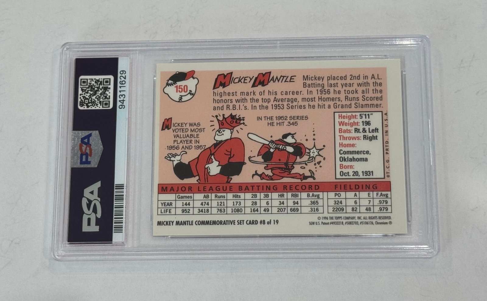1996 Topps Mantle Finest 1958 reprint baseball card PSA 5 with gold coating in protective slab