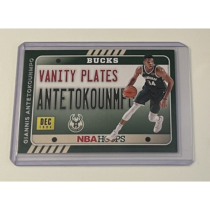 2020-21 Panini NBA Hoops Giannis Antetokounmpo Milwaukee Bucks basketball card with vanity plates design