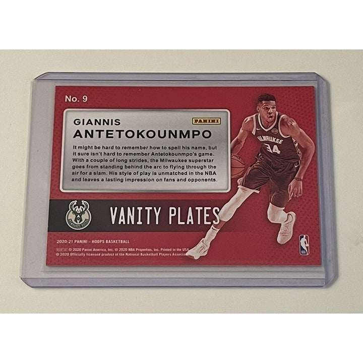 Giannis Antetokounmpo 2020 NBA Hoops Vanity Plates Milwaukee Bucks basketball card in protective case