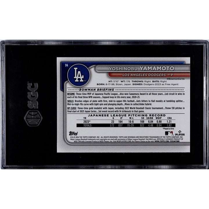 Yoshinobu Yamamoto RC 2024 Bowman card #36 graded SGC 10 featuring Los Angeles Dodgers rookie pitcher in action