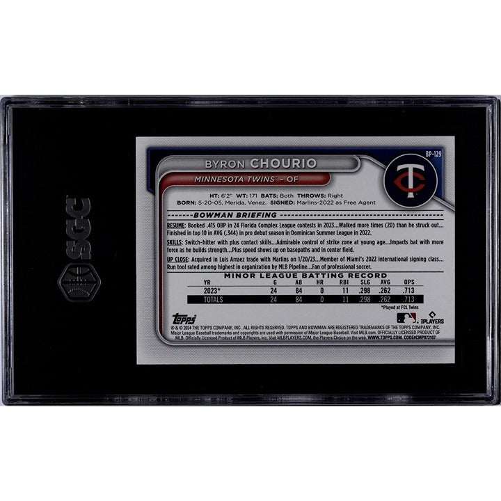 2024 Bowman Chrome Byron Chourio RC Blue Refractor 216/499 graded SGC 10 baseball card Minnesota Twins
