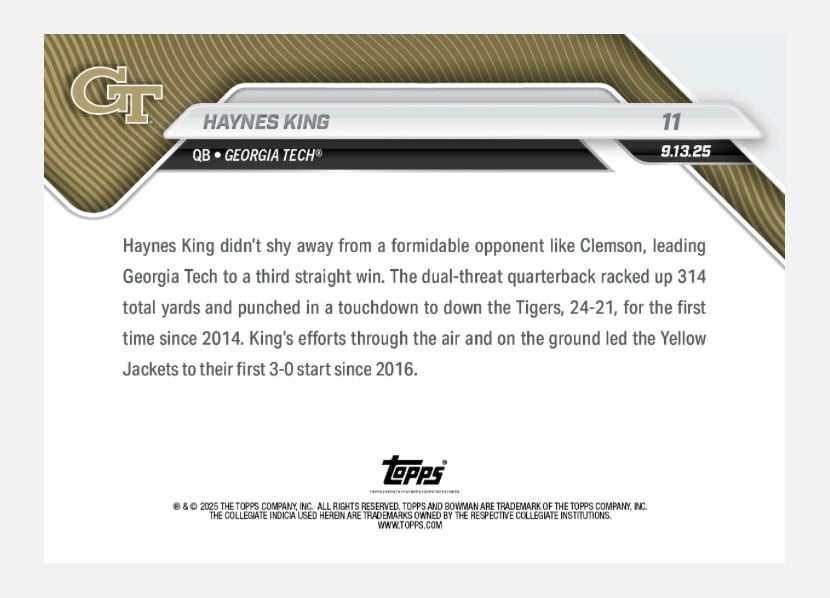 Haynes King 2025 Topps Now Bowman U Georgia Tech football card limited 710 copies