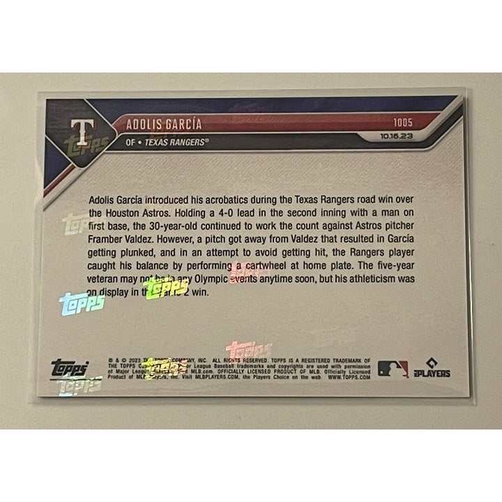 2023 Topps Now Adolis Garcia MLB Texas Rangers ALCS cartwheel win baseball trading card
