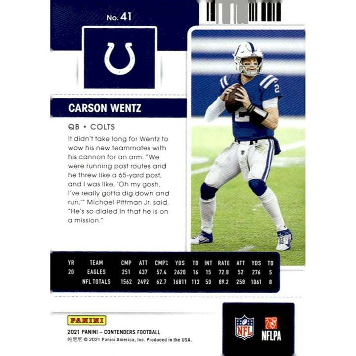 2021 Panini Contenders Carson Wentz NFL Colts/KC Chiefs football card #41 season ticket design