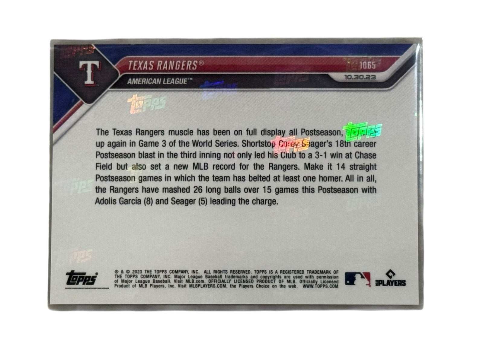 WORLD SERIES Texas Rangers Topps NOW baseball card celebrating MLB home run streak record in 2023 postseason