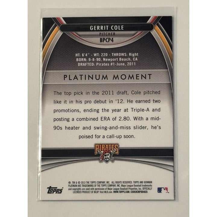 2013 Gerrit Cole Pirates Topps Bowman Platinum Refractor rookie MLB card mint condition