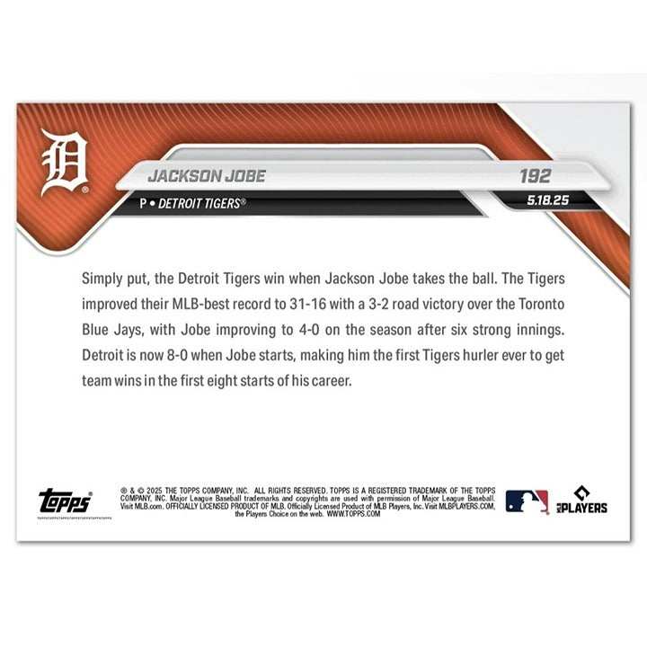 2025 Topps Now Card featuring Jackson Jobe pitching for Detroit Tigers with Rookie Card and team wins highlight