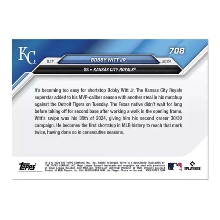 2024 Topps Now Bobby Witt Jr. limited edition baseball card in Kansas City Royals uniform sliding on base