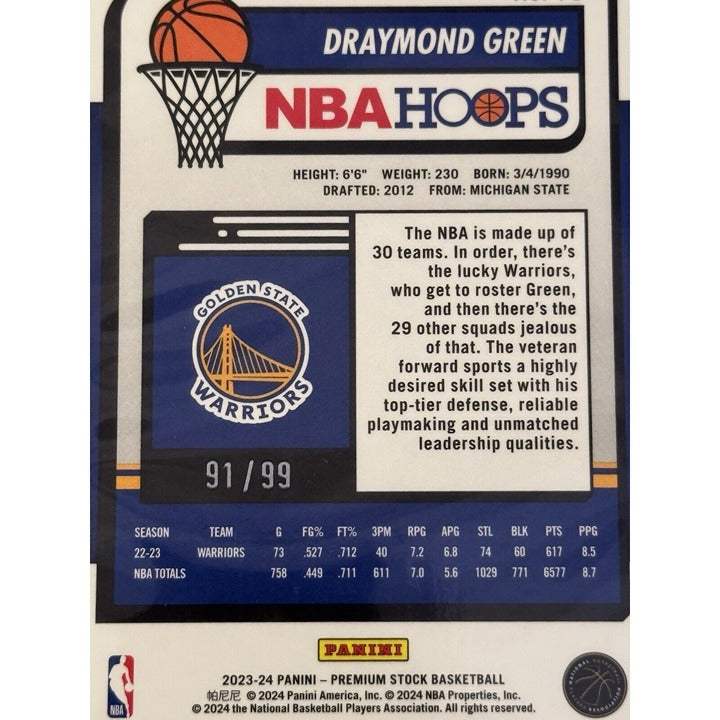 91/99 Draymond Green 2023-24 Panini Hoops Premium Stock Prizm Warriors basketball card #78