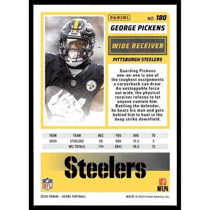 2025 NFL Score Panini football card of George Pickens, Steelers #180 near mint condition