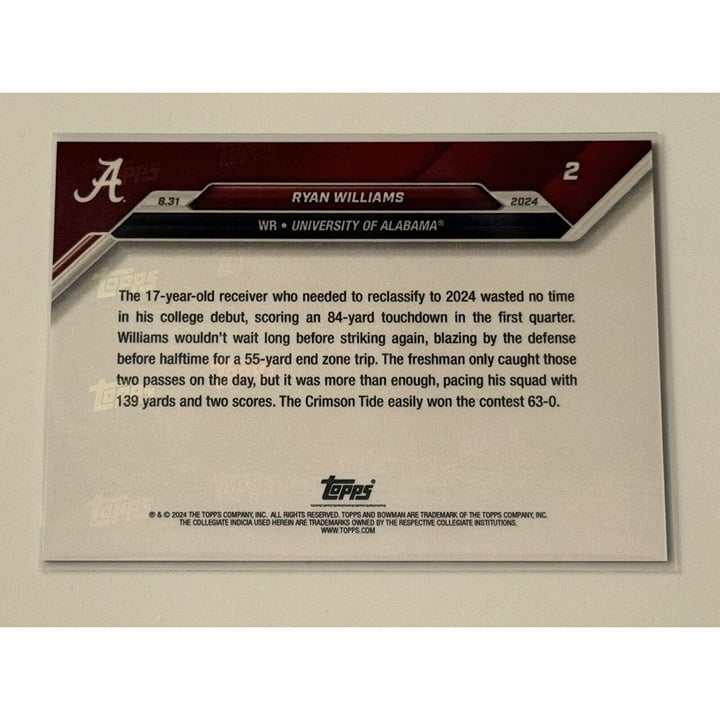Ryan Williams RC 2024 Bowman U Alabama debut football rookie card in protective sleeve
