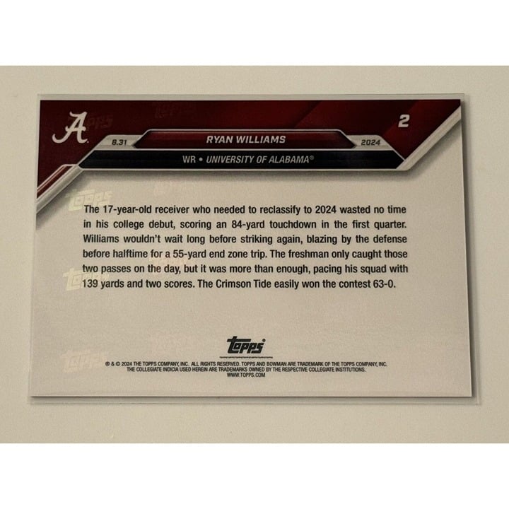 2024 Bowman Ryan Williams RC Alabama football rookie card back view limited edition