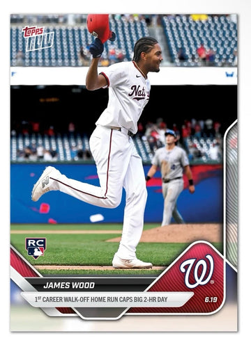 James Wood RC 2025 Topps NOW #318 rookie card celebrating 1st career walk-off home run for MLB Nationals