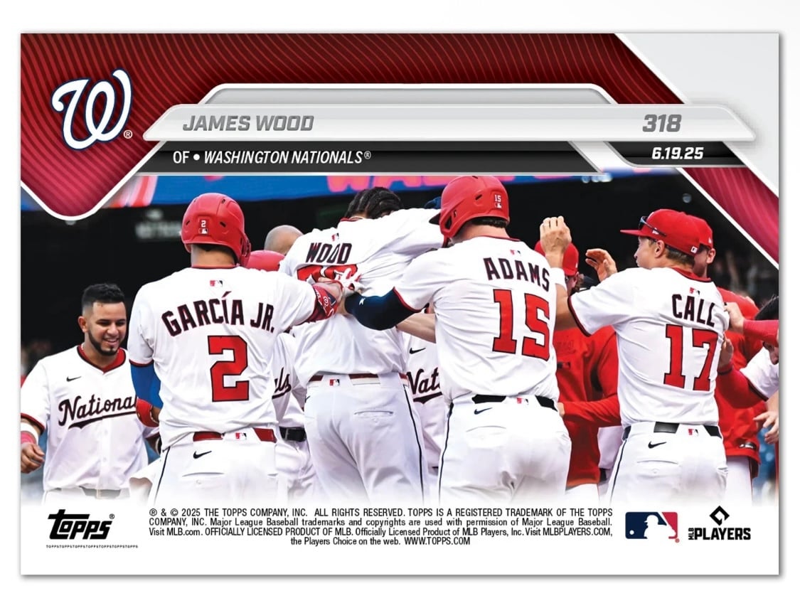 James Wood RC 2025 Topps NOW #318 Rookie Card first career walk off home run Washington Nationals