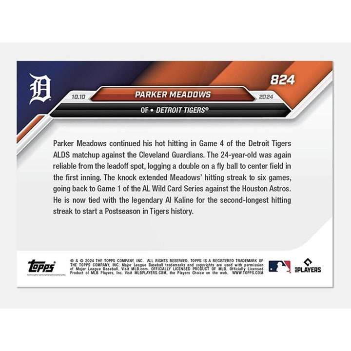 2024 Topps NOW Parker Meadows baseball card six-game postseason hit streak