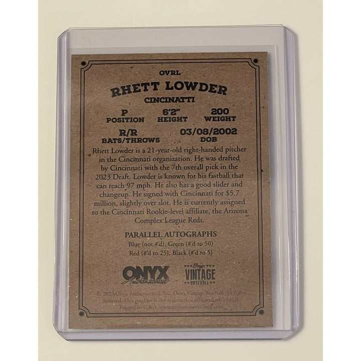 Rhett Lowder RC 2023 Onyx Authenticated Cincinnati Reds rookie card back view