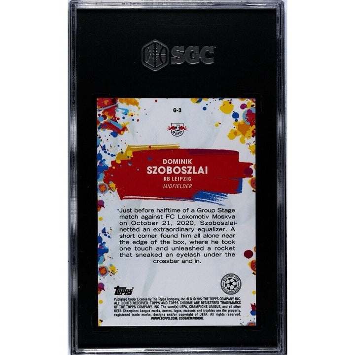 Dominik Szoboszlai 2021-22 Topps Chrome UEFA Champions League Golazo graded card with vibrant design and SGC 10 rating