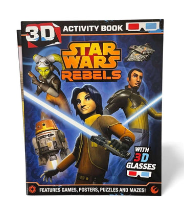 Vintage Star Wars Rebels 3D activity book with glasses featuring games, posters, puzzles, and mazes