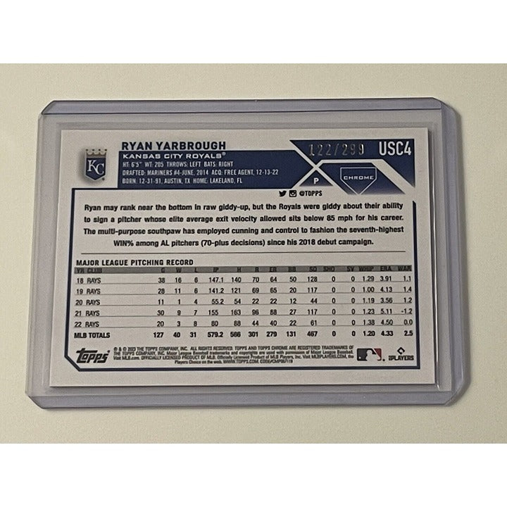 Ryan Yarbrough RC 2023 Topps Chrome Update Refractor #122/299 KC Royals baseball card back view