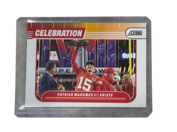 Patrick Mahomes II Celebration Score Chiefs Super Bowl football card in protective holder