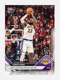 LeBron James 2025 26 Topps NOW NBA card showing him scoring 36 points for the Lakers, highlighting most 35+ point games after age 40 milestone.