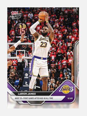 LeBron James 2025 26 Topps NOW NBA card showing him scoring 36 points for the Lakers, highlighting most 35+ point games after age 40 milestone.