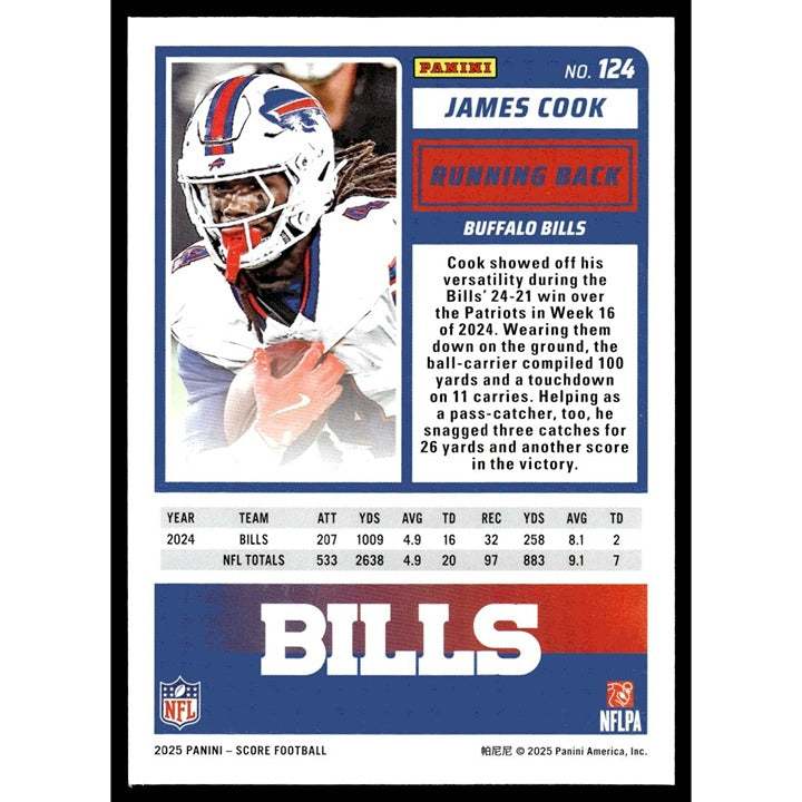2025 NFL SCORE James Cook Buffalo Bills football card near mint condition