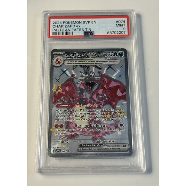 PSA 9 graded 2024 Pokémon Charizard EX Paldean Fates Tin Black Star promo card #074 with holo finish in protective case