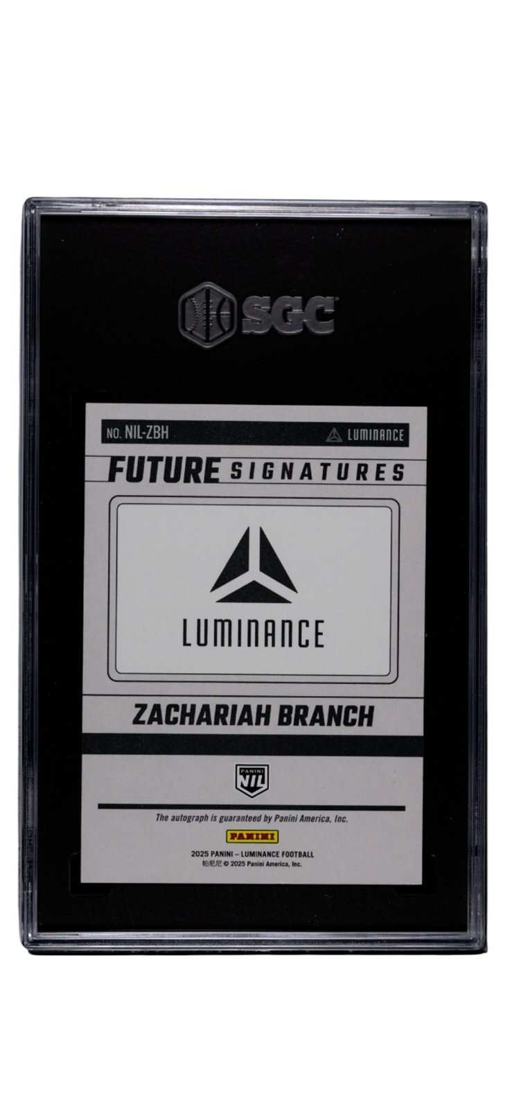 Zachariah Branch 2025 Panini Luminance rookie card with autograph and SGC 9.5 grade