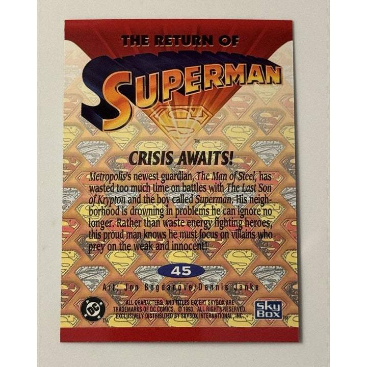 1993 SkyBox Superman Man of Steel silver foil trading card with Crisis Awaits artwork