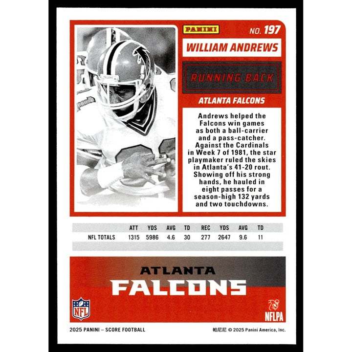 William Andrews 2025 Panini Score NFL football card #197 Atlanta Falcons action shot