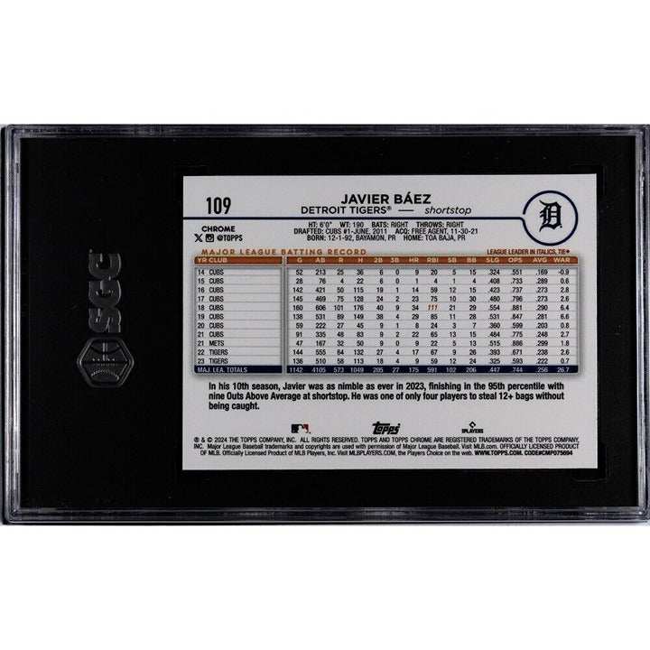 Javier Báez 2024 Topps Chrome Purple Refractor baseball card graded SGC 9, Detroit Tigers limited edition 42/250