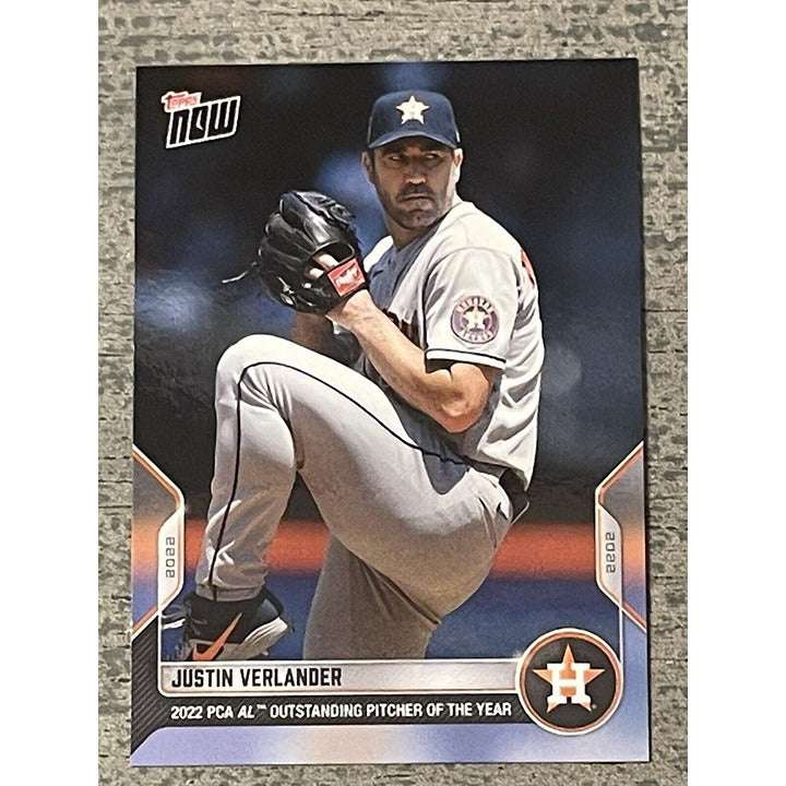 Justin Verlander 2022 Topps Now PCA AL Outstanding Pitcher of the Year baseball card in pitching pose