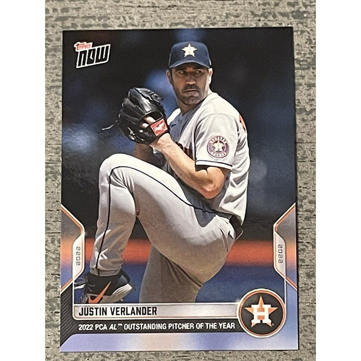 Justin Verlander 2022 Topps Now PCA AL Outstanding Pitcher of the Year baseball card in Houston Astros uniform