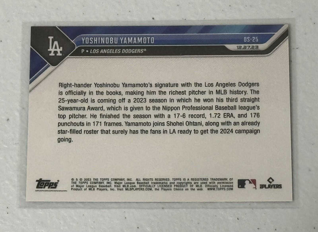 2023 Topps Now sports trading card featuring Yoshinobu Yamamoto Los Angeles Dodgers rookie