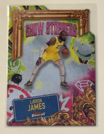 LeBron James 2024 Topps Finest Show Stoppers basketball card in Lakers uniform with vibrant graffiti design