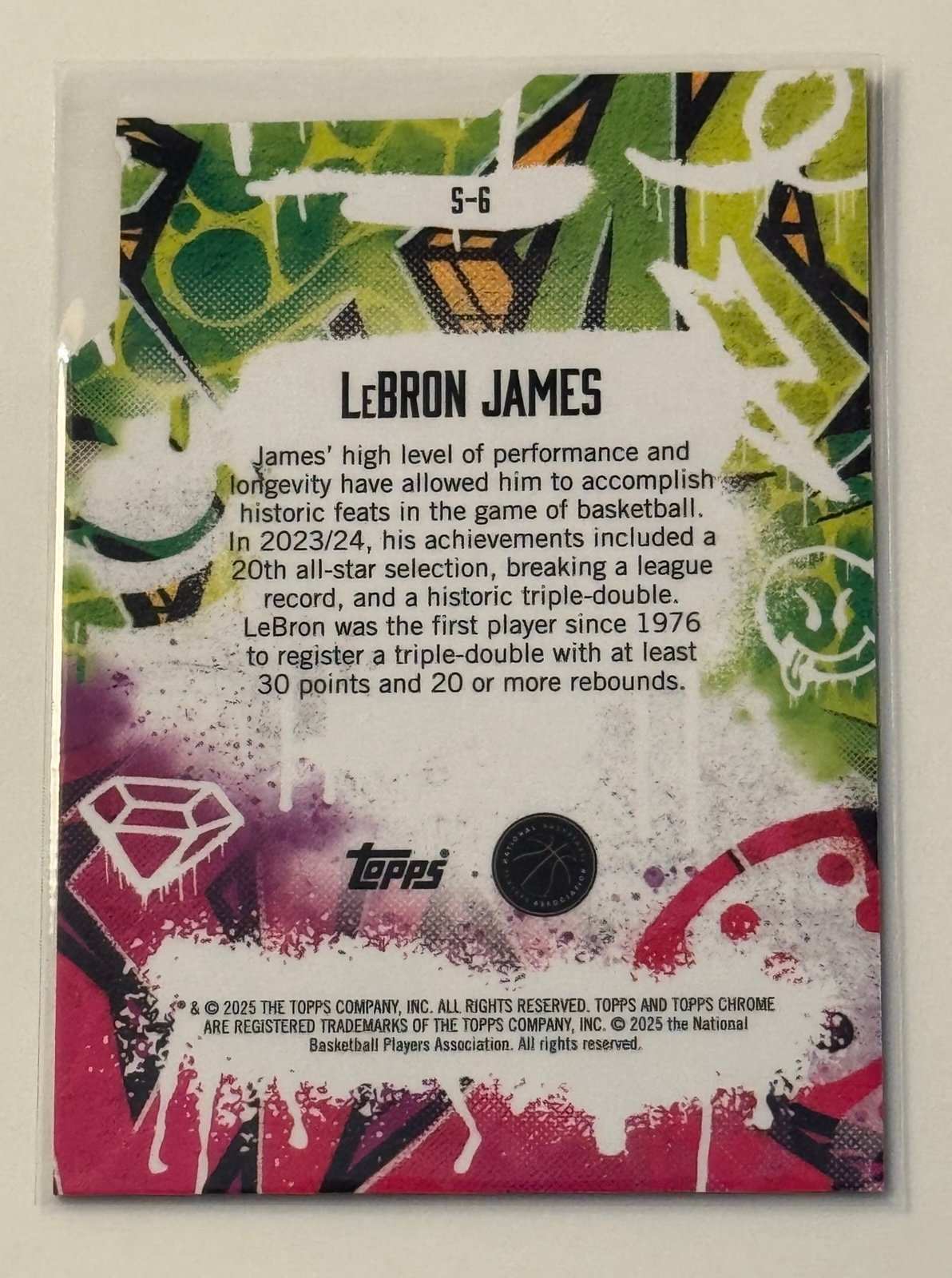 LeBron James 2024 Topps Finest Show Stoppers NBA Lakers collectible card back with graffiti design