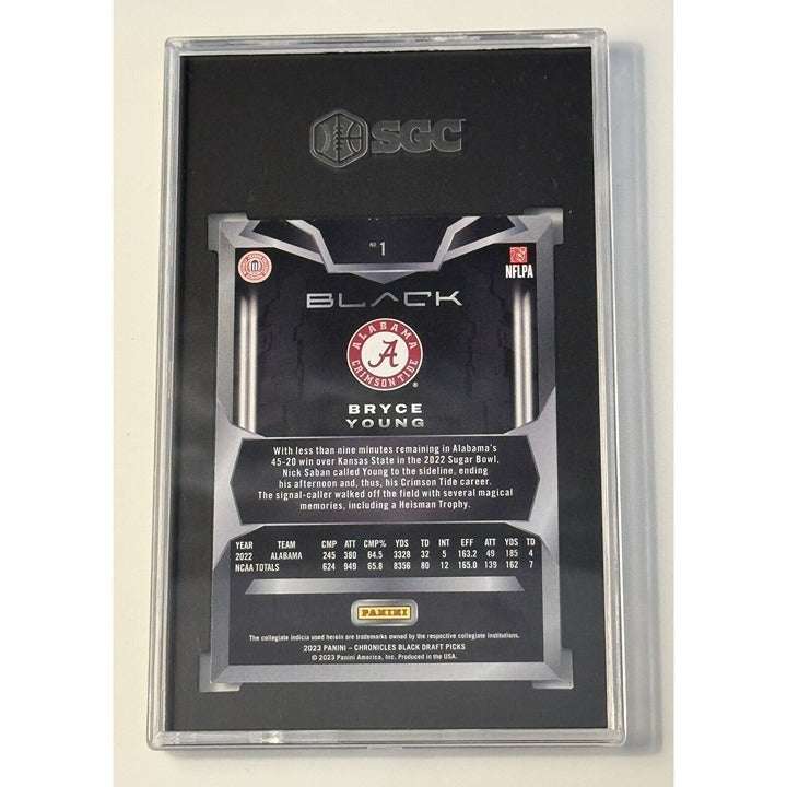Bryce Young RC 2023 Panini Chronicles Draft Black Refractor football card graded SGC 9 in protective case