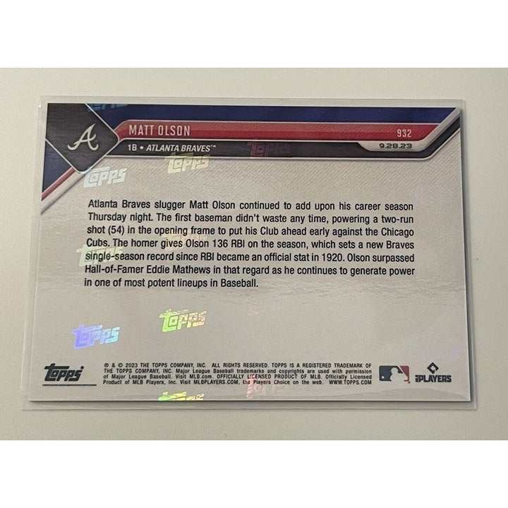 2023 Topps NOW Matt Olson MLB card celebrating Atlanta Braves single-season RBI record