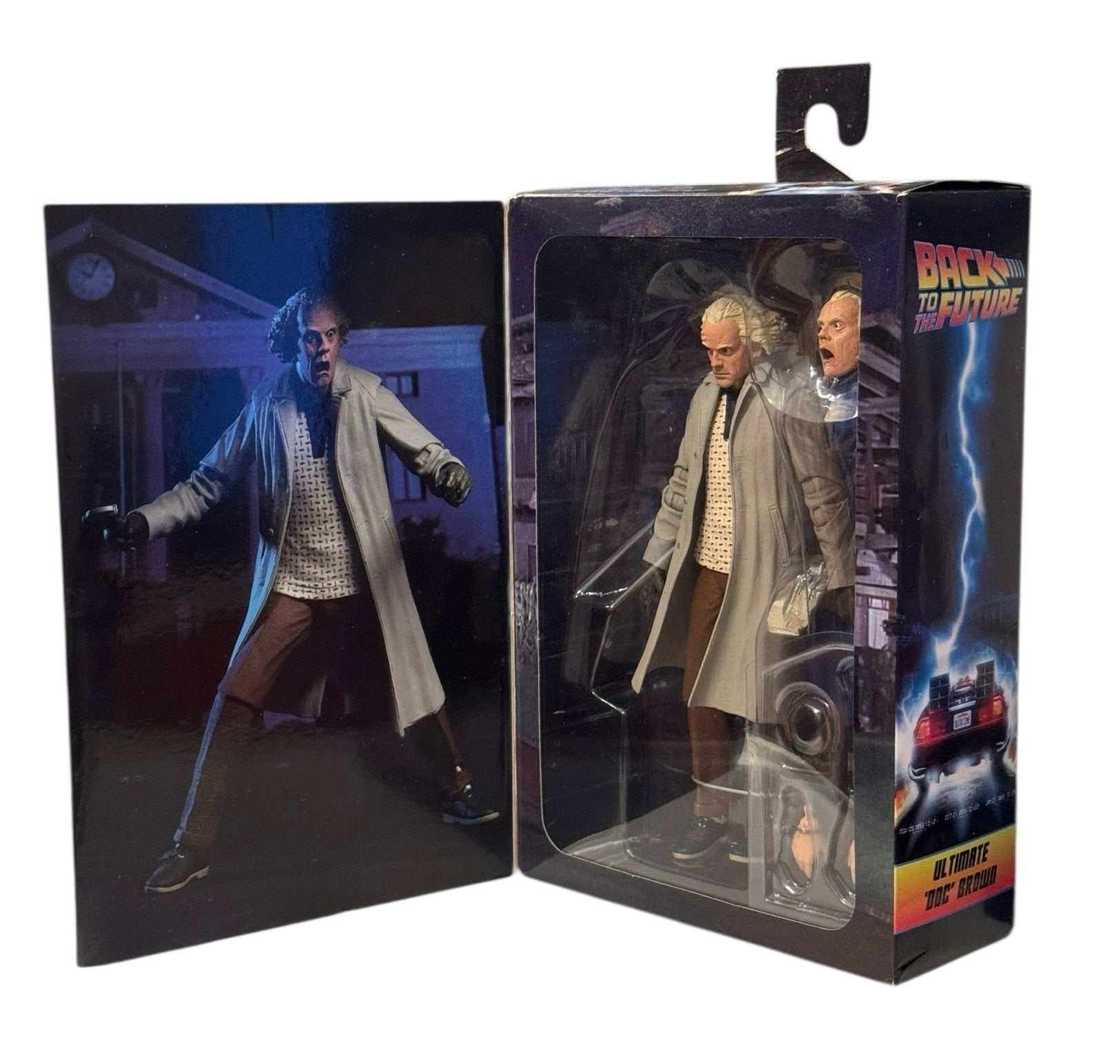 Back to the Future Doc Brown 7 inch NECA collectible figure with interchangeable parts and display packaging