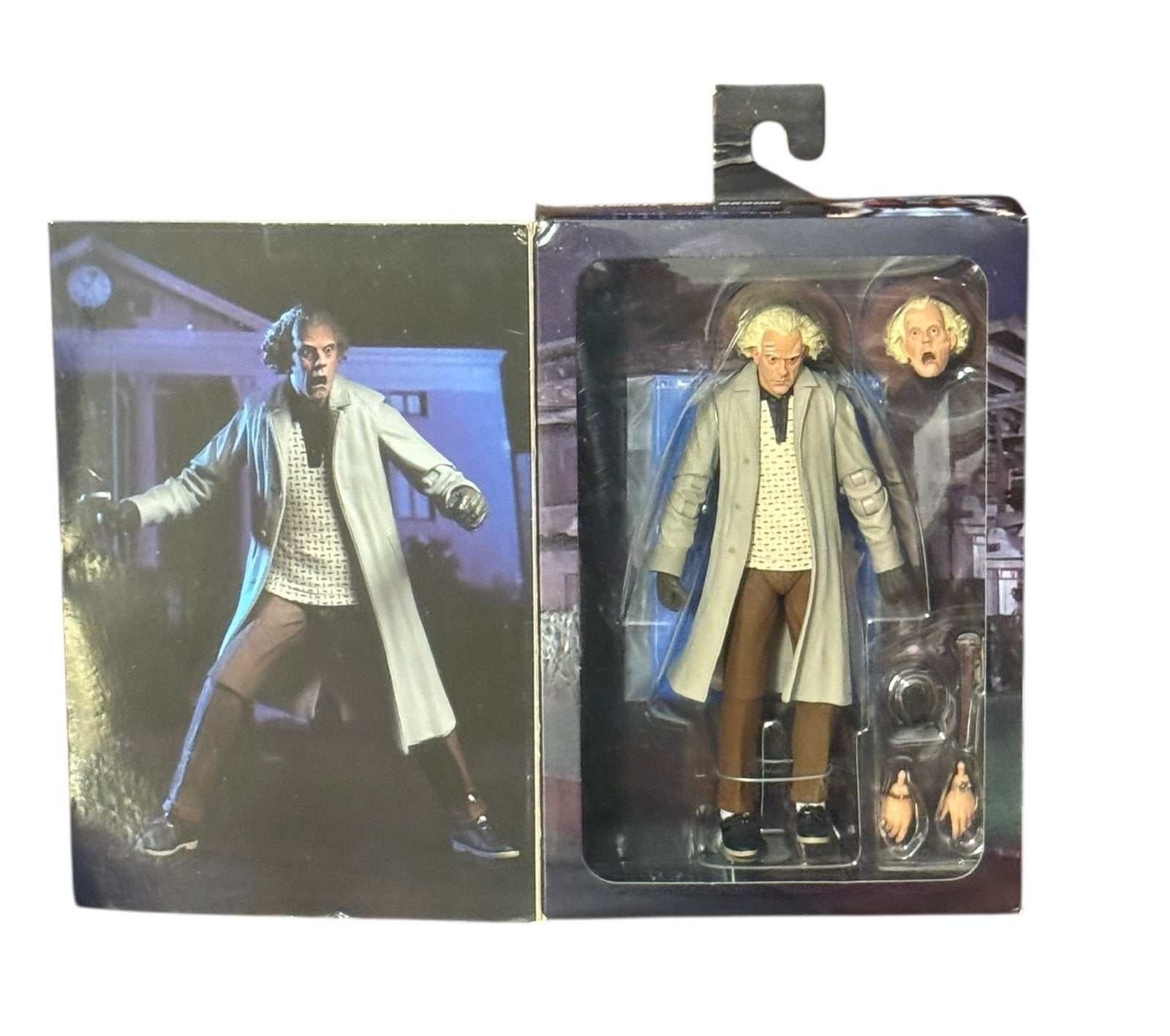 Back to the Future NECA 7-inch Doc Brown figure with interchangeable heads and accessories in collector packaging