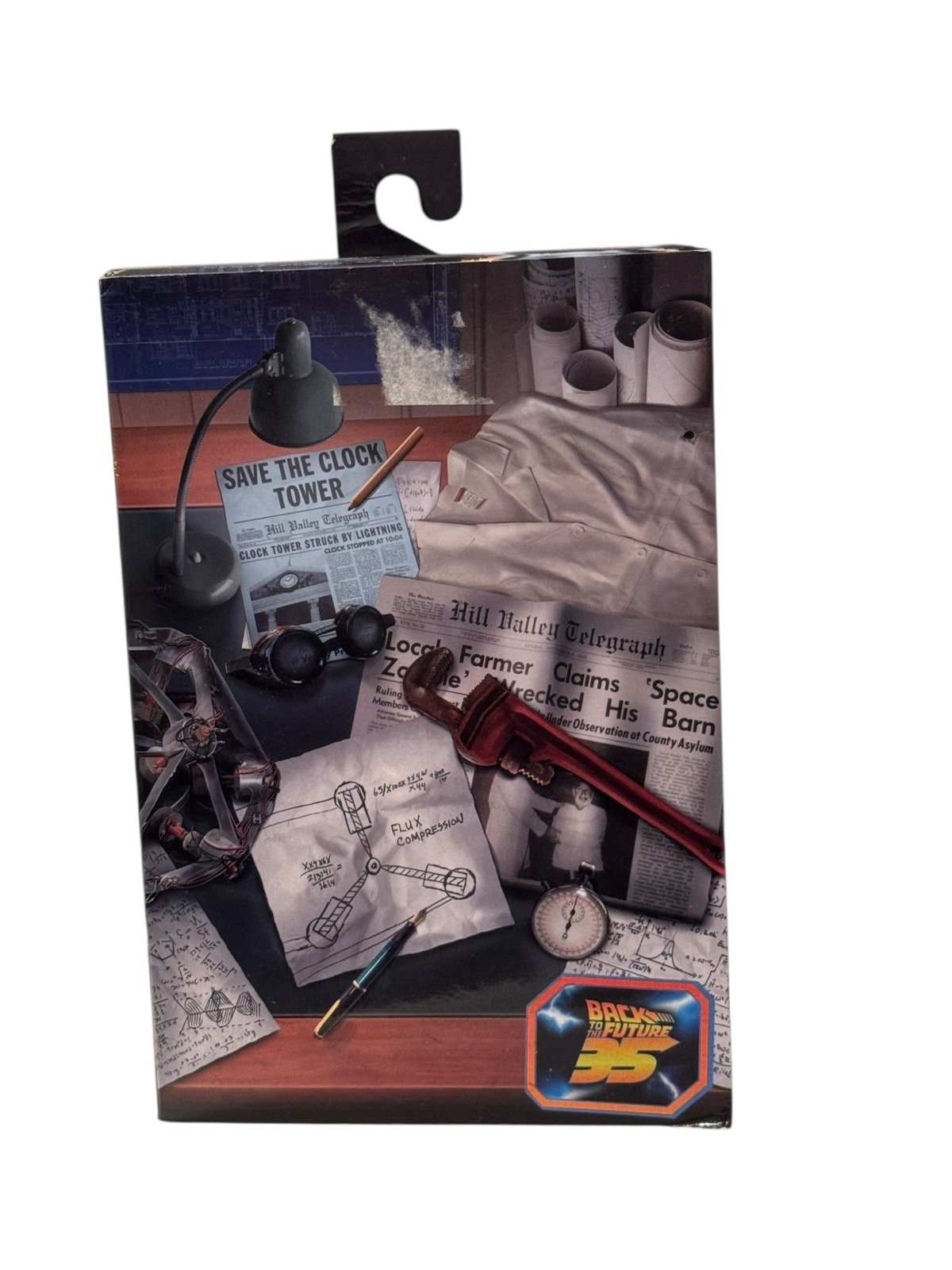 Back to the Future Ultimate Doc Brown 7-inch collector figure packaging with film-inspired artwork and schematics