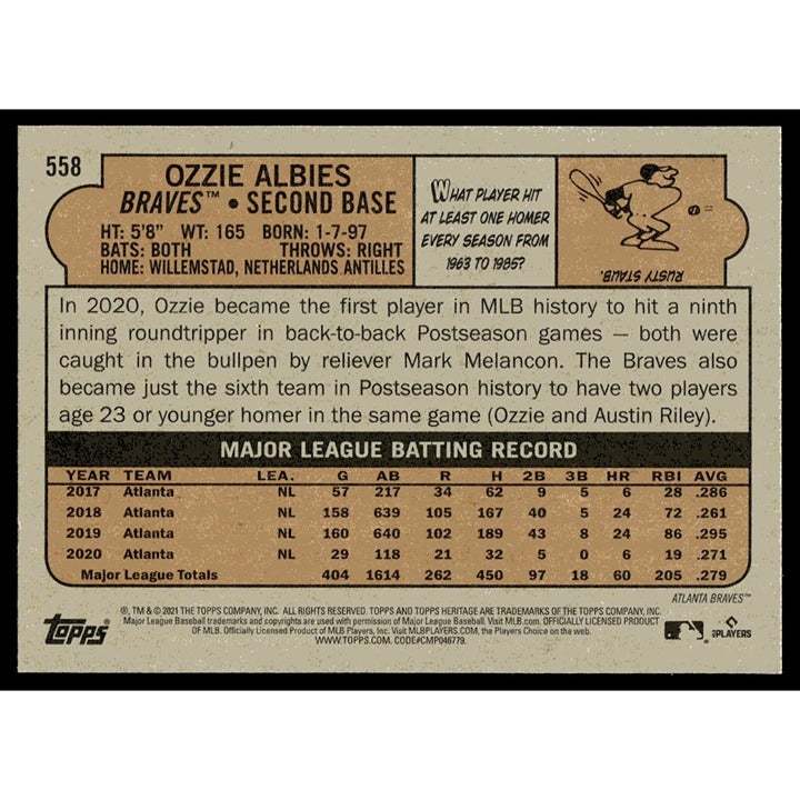 2021 Topps Heritage Ozzie Albies Atlanta Braves baseball card near mint condition