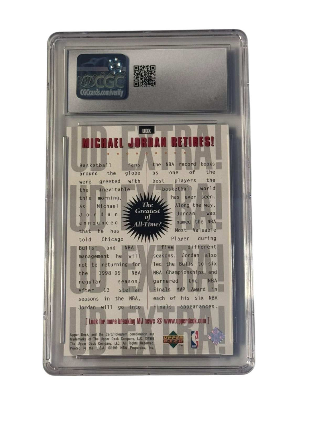 1998-99 UD Extra Michael Jordan Retires CGC 9 Mint basketball card in protective slab