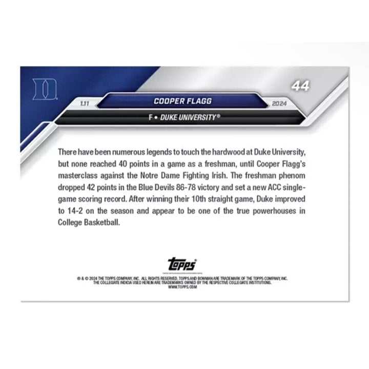 Cooper Flagg RC 2024 Bowman Duke Blue Devils basketball card limited edition