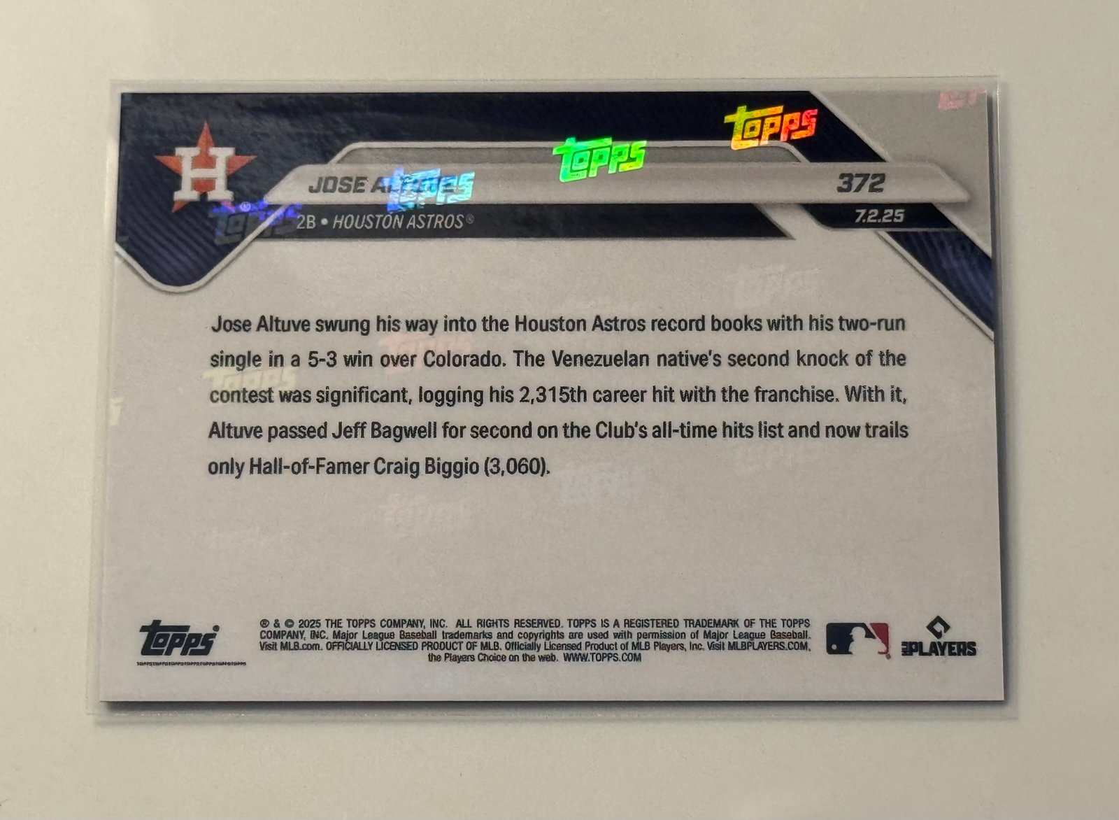 2025 Topps Now Jose Altuve Gold Refract baseball card Astros milestone 2nd all-time hits rare collectible