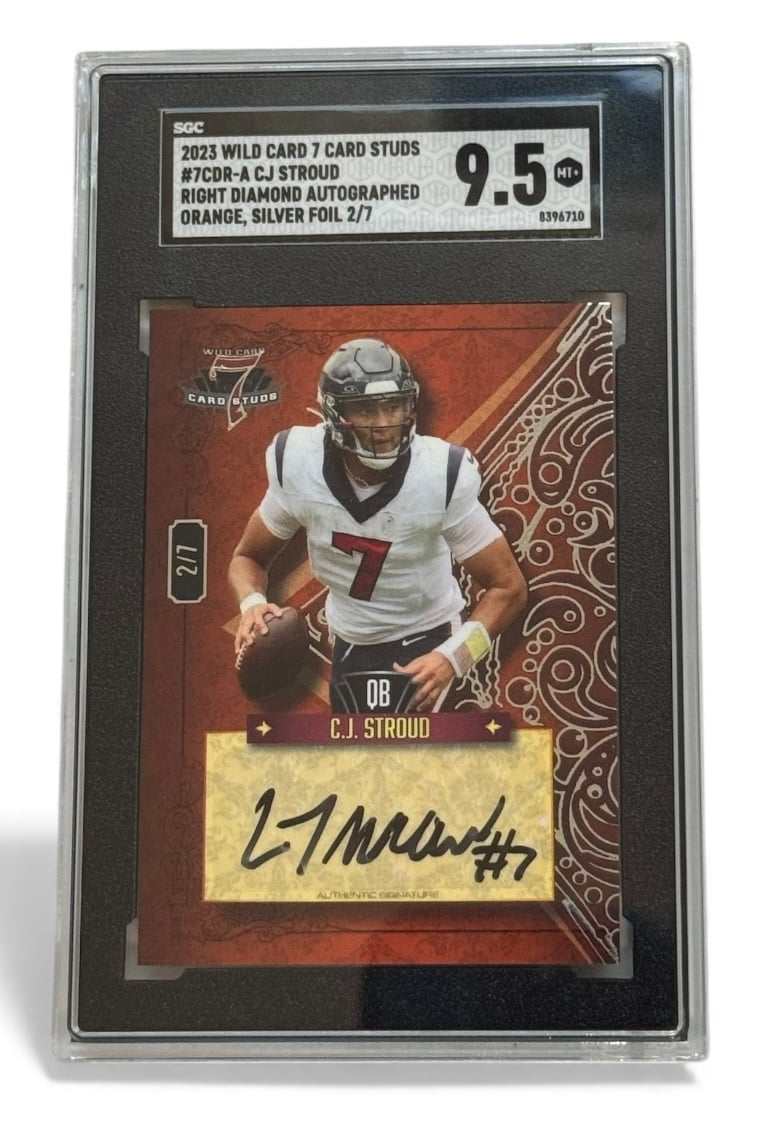 2023 Wild Card 7 Card Studs CJ Stroud rookie autographed football card numbered 2 of 7 with 9.5 grade in protective case