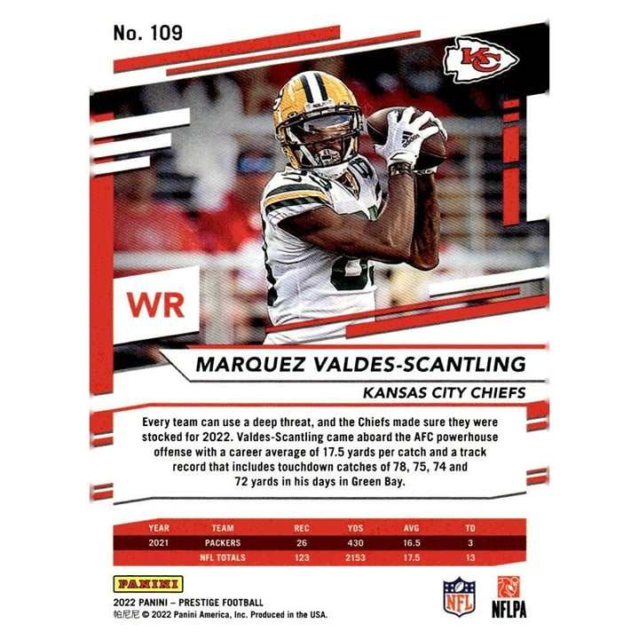 2022 Panini Prestige Marquez Valdes-Scantling NFL trading card showing player in action with Chiefs logo and red design elements